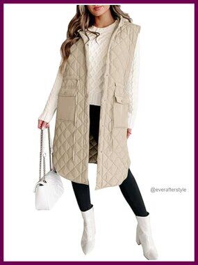 Women's Long Quilted Puffer Vest Hooded Sleeveless Winter Jacket